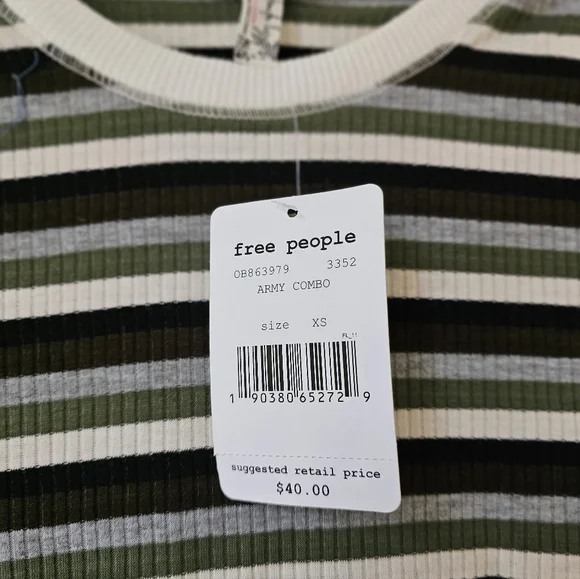 NWT Free People Good on You Army Green Stripe Round Hem Ribbed Tee Top - Picture 7 of 16